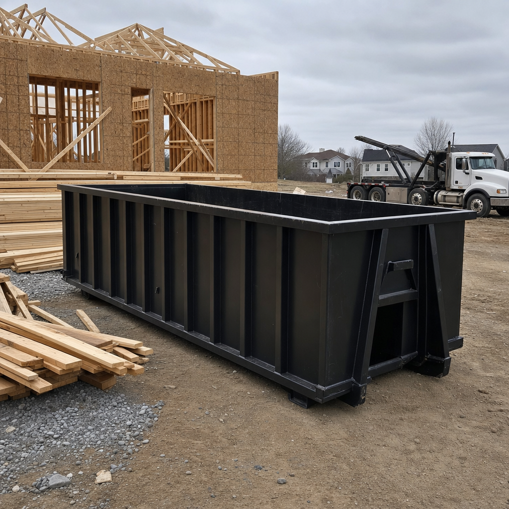 Matte-black 40-yard roll-off dumpster staged on a framed-out residential construction site in Laguna Niguel, framing lumber stacked nearby, hooklift delivery truck visible in the background under bright Colorado daylight