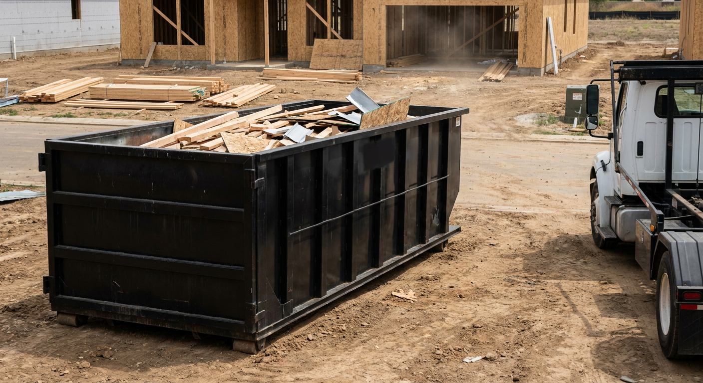 Matte-black 20-yard roll-off construction dumpster with heavy ribbed steel sidewalls and swing rear doors at a working jobsite in Laguna Niguel, sitting directly on compacted dirt with an unmarked white hauler partially visible at the far edge of the frame.