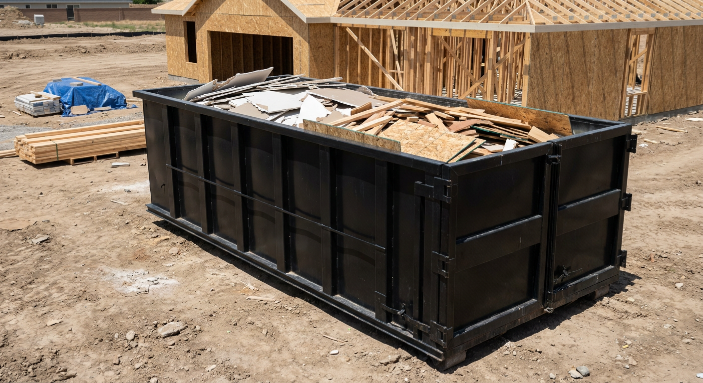 Matte-black 30-yard roll-off construction dumpster sitting directly on the compacted-dirt site of a framed single-family home build in Laguna Niguel, drywall and lumber scrap loaded inside.