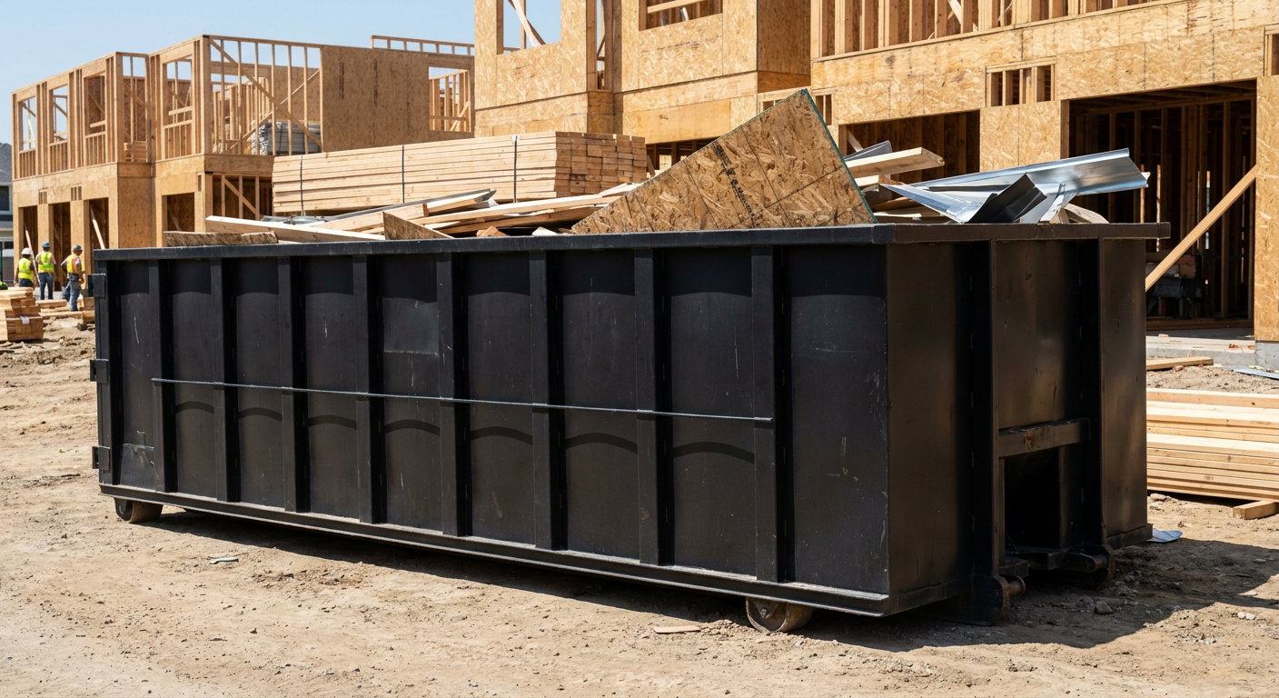 Matte-black 40-yard roll-off construction dumpster being lowered from a white-cab hooklift delivery truck onto the compacted-dirt jobsite at a commercial build site in Laguna Niguel