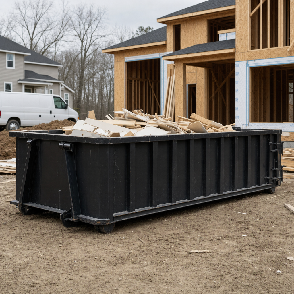 Worker in a yellow high-visibility vest tossing framing lumber and broken drywall into a matte-black 30-yard construction roll-off dumpster on an active build site in Laguna Niguel, bright daylight