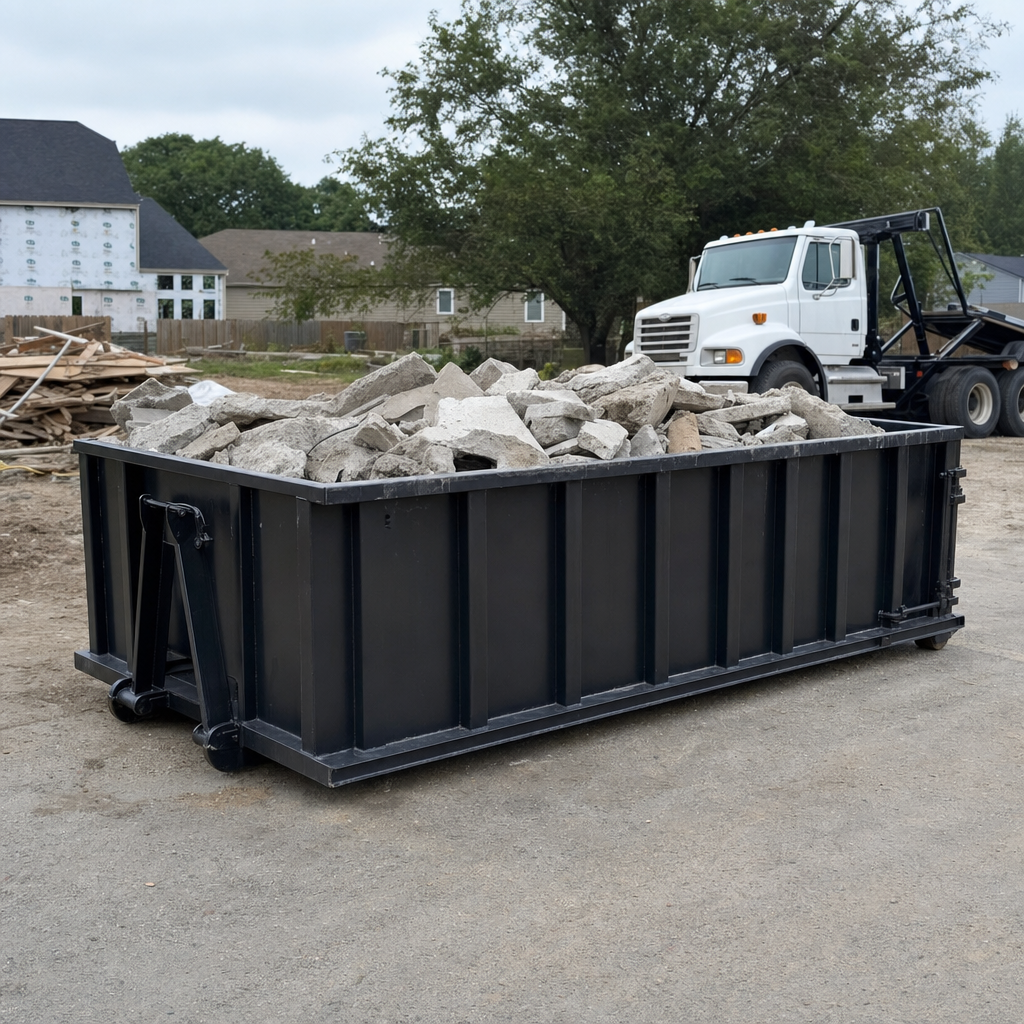 Low-profile matte-black lowboy roll-off dumpster loaded with broken concrete slab and rebar at a foundation tear-out in Laguna Niguel, skid steer parked beside it, sunny Colorado morning