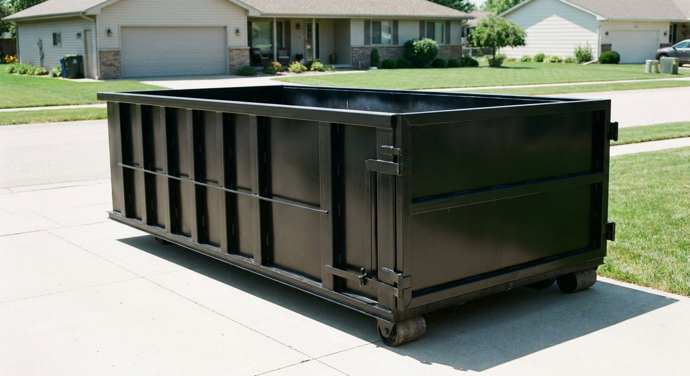 Matte-black 10-yard roll-off dumpster on a residential concrete driveway in Laguna Niguel, uniformly painted matte black across every panel and rail, ribbed steel sidewalls and rear swing door visible, mid-day daylight.