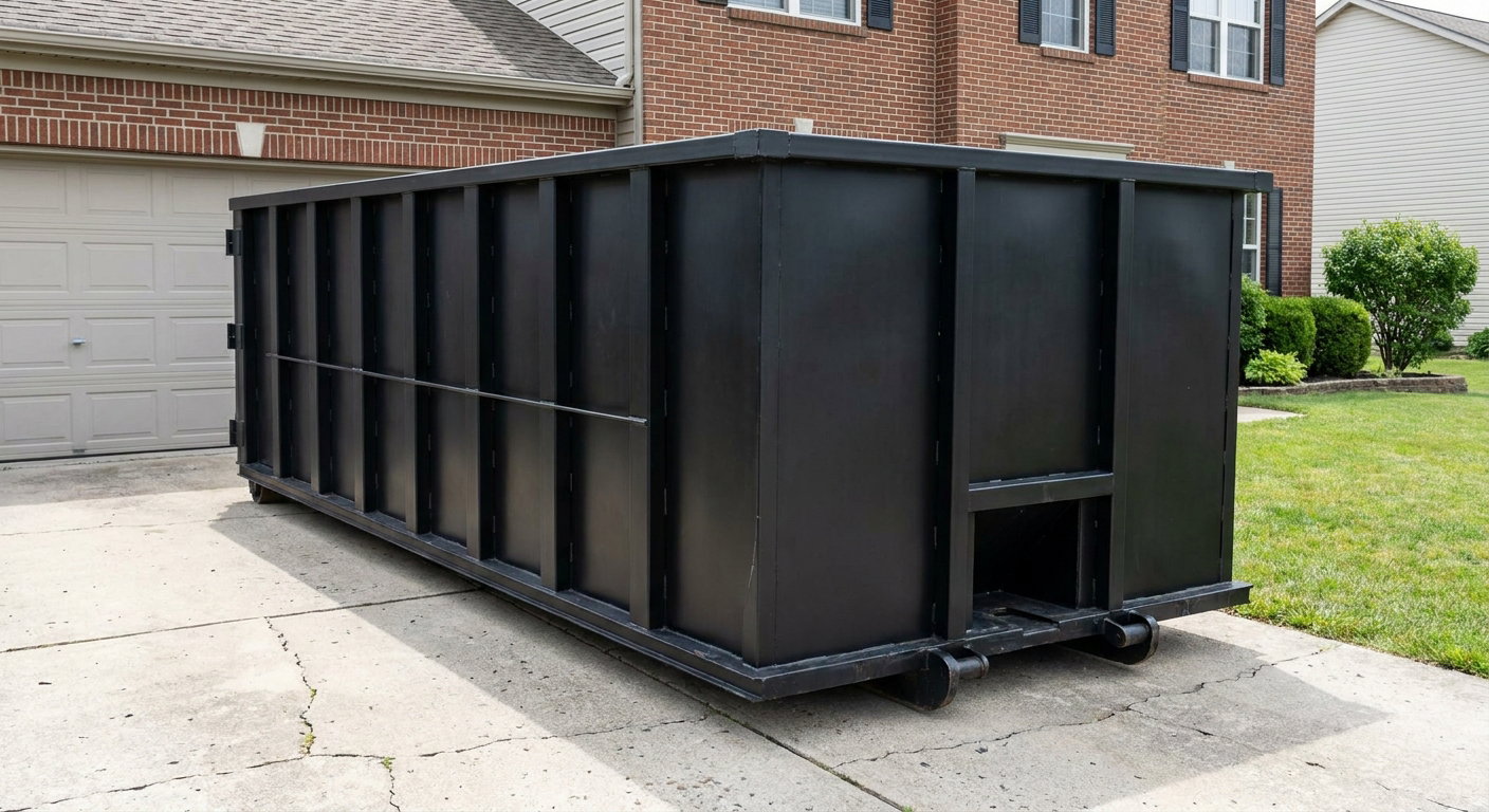 Matte-black 20-yard roll-off container on a Laguna Niguel residential concrete driveway with reinforced ribbed steel sidewalls and a hinged rear walk-in door, clean bright daylight.