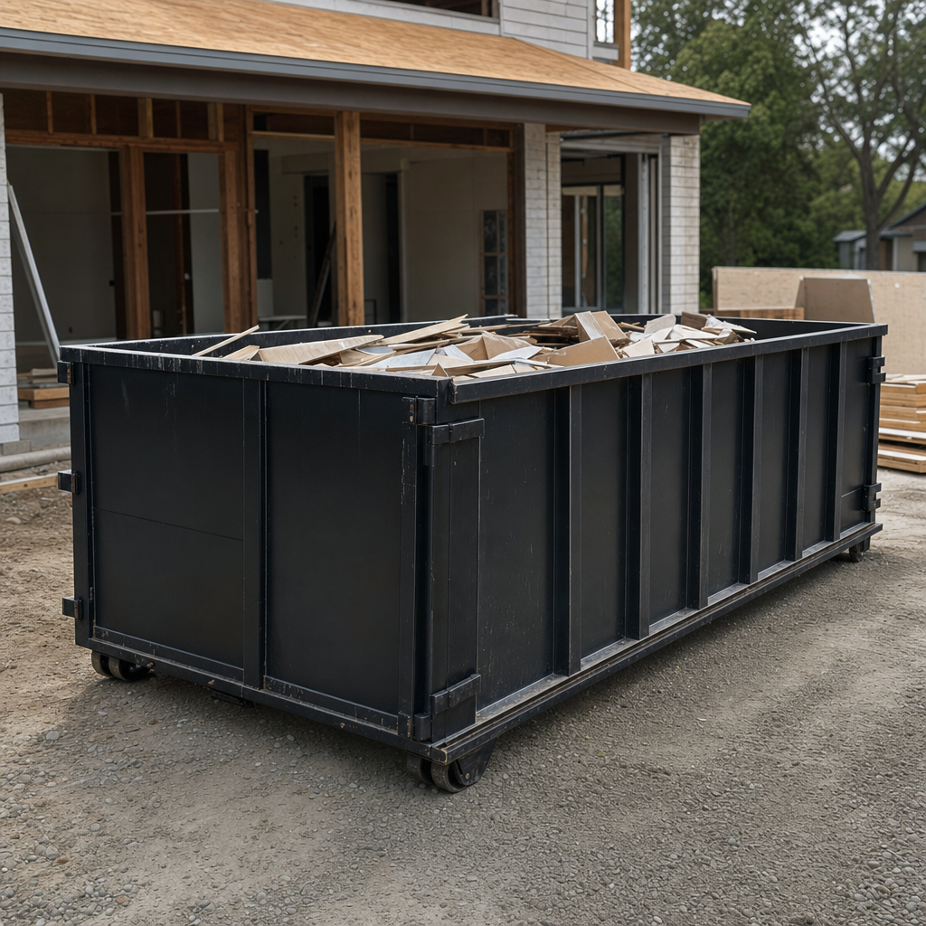 Large matte-black 30-yard construction roll-off dumpster at an active Laguna Niguel jobsite, steel-gray top rails and bottom rollers visible, loaded with construction debris.