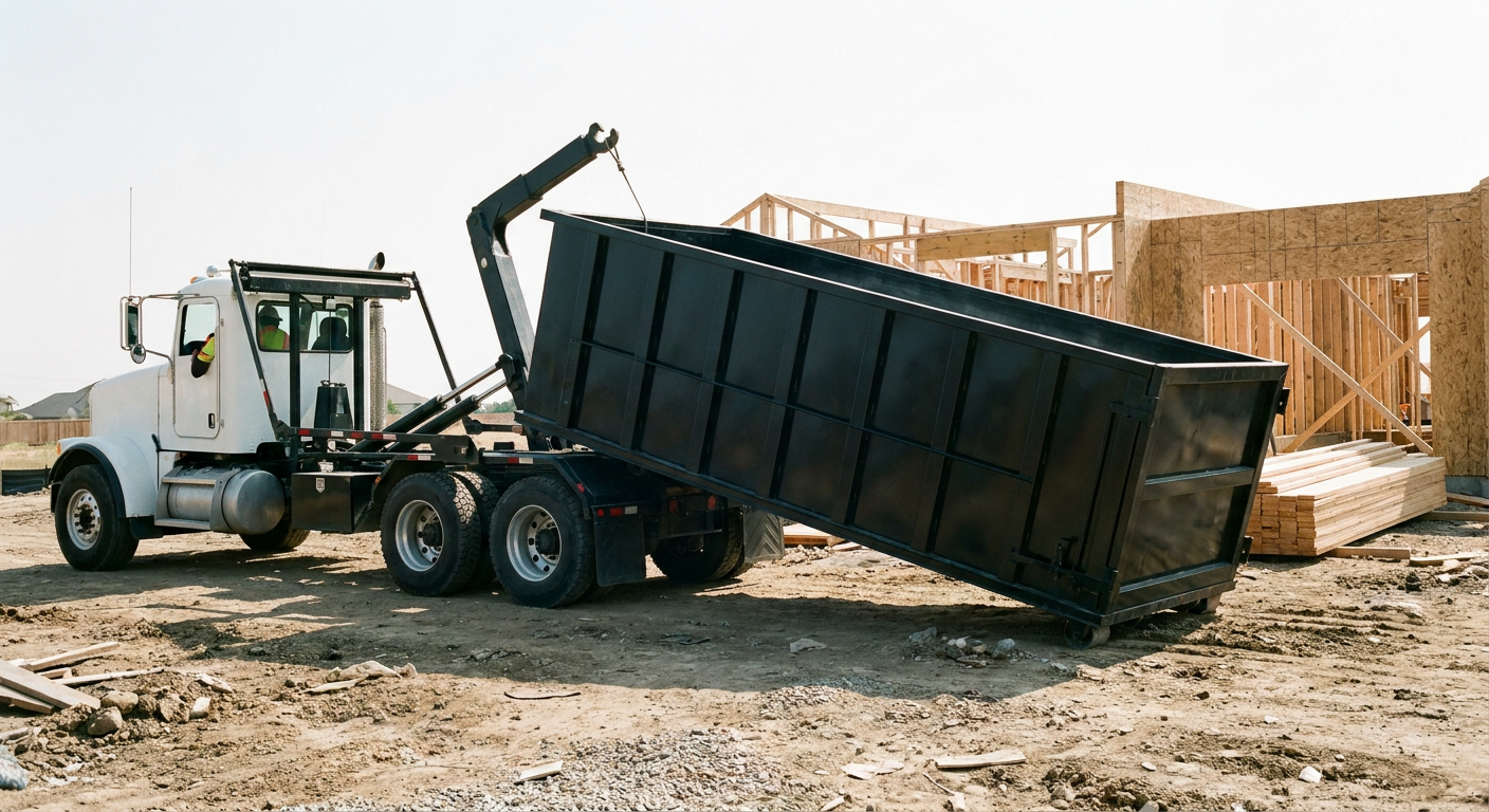 Matte-black roll-off dumpster being delivered onto a clean residential concrete driveway in Laguna Niguel by an unmarked white hooklift hauler truck, bright morning daylight, documentary 35mm perspective.