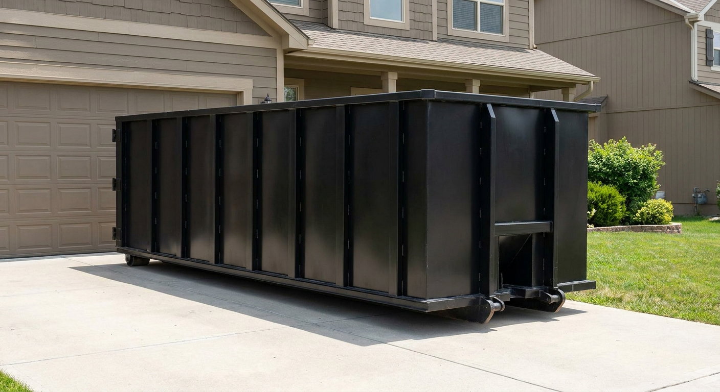 Matte-black residential roll-off dumpster sitting directly on a suburban Laguna Niguel concrete driveway, garage door closed, single-family home in background, bright morning daylight.