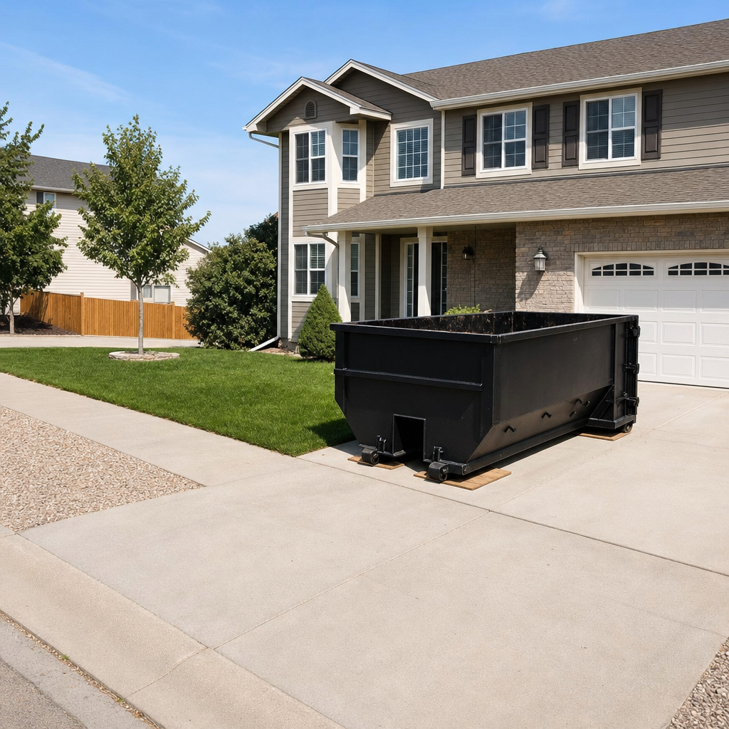 10-yard matte-black residential dumpster placed directly on a narrow Laguna Niguel concrete driveway, room remains for a parked sedan beside it, mid-morning natural light