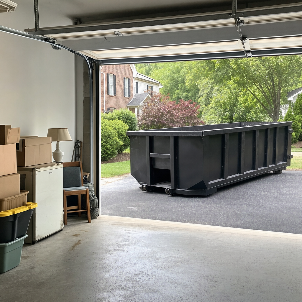 Open garage interior in a Laguna Niguel home mid-cleanout — boxed items, an old appliance, and stacked yard tools queued near the driveway for a matte-black roll-off dumpster, organized and calm
