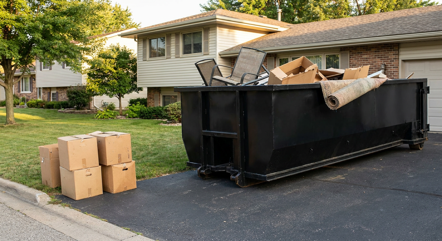 Front-yard view of a Laguna Niguel split-level home with a 20-yard matte-black roll-off dumpster sitting directly on the asphalt driveway, a few clearly labeled donation boxes staged at the curb, calm sunny afternoon.