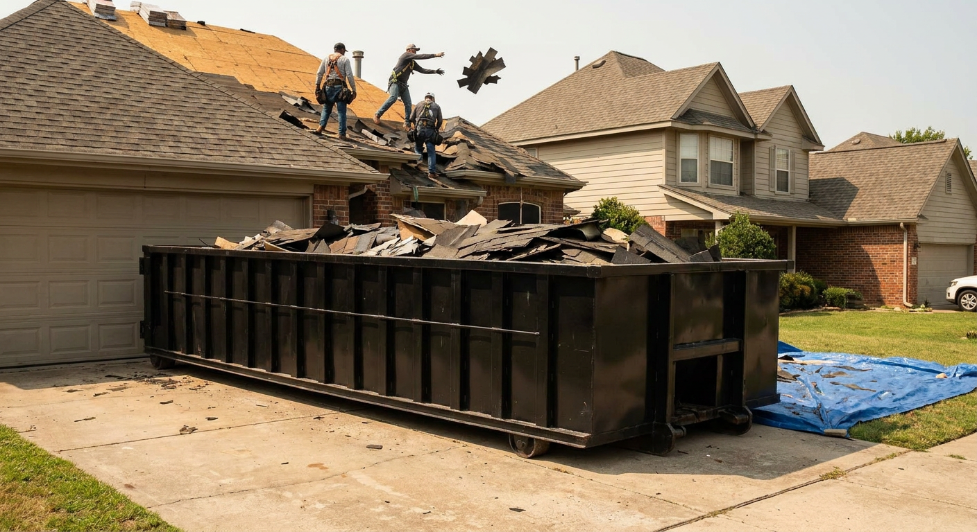 Matte-black roofing roll-off dumpster placed directly on a Laguna Niguel residential concrete driveway, a tear-off crew on a two-story asphalt-shingle roof tossing shingle bundles into the low-walled container, bright daylight, documentary 35mm perspective.