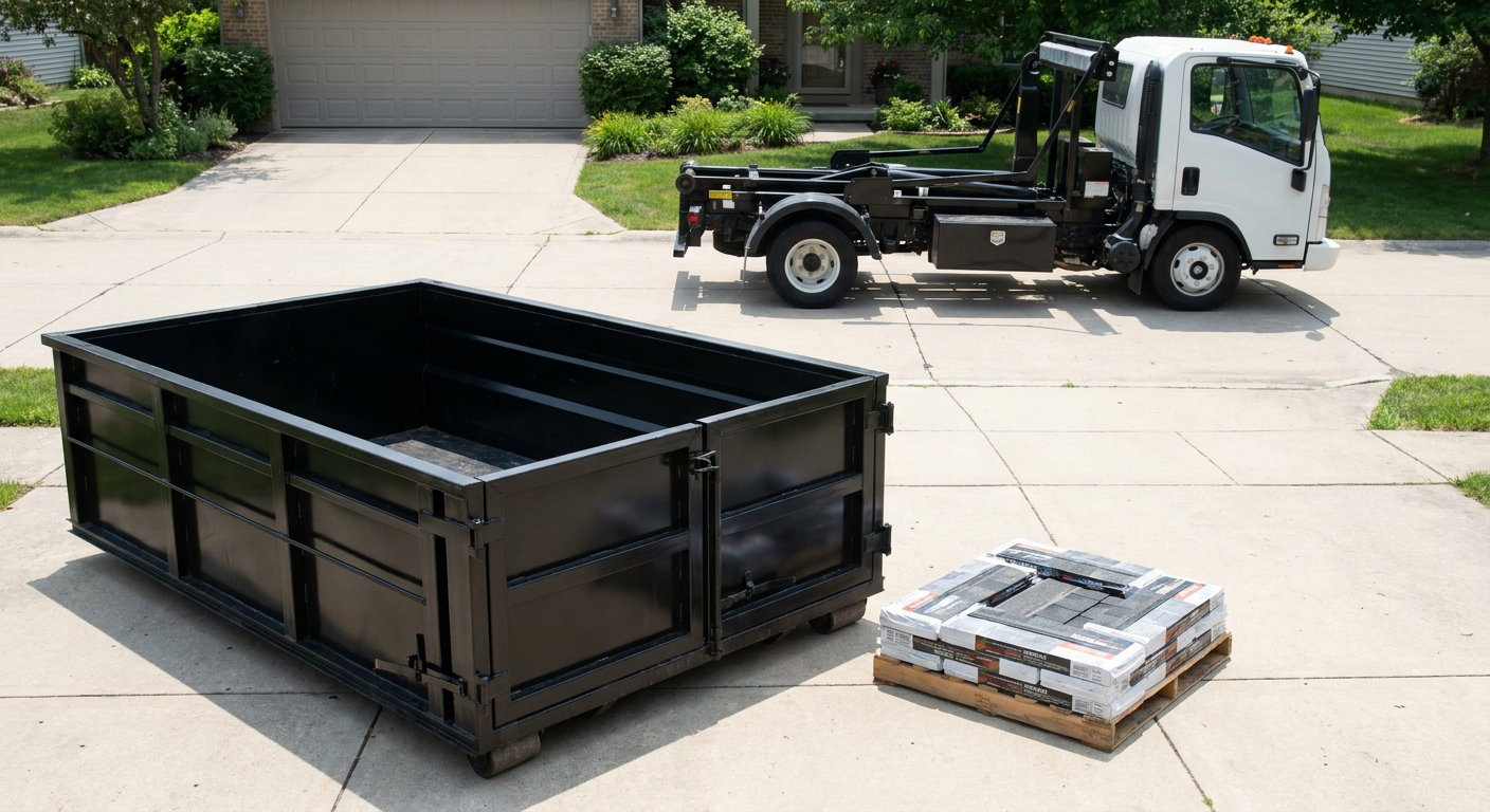 Matte-black 15-yard roofing roll-off dumpster with reinforced low side walls sitting directly on a Laguna Niguel residential concrete driveway, three-tab asphalt shingle bundles stacked nearby, an unmarked white hauler truck partially visible at the edge of the frame.