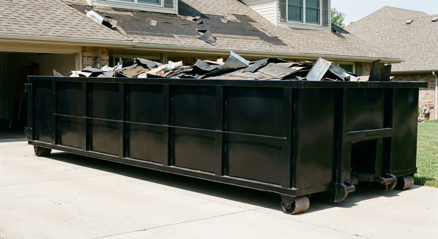 Matte-black 20-yard roofing roll-off dumpster with steel ribbed sides and swinging rear door, sitting directly on the concrete driveway of a two-story Laguna Niguel home, asphalt shingle debris being loaded over the low wall, clean documentary lighting.