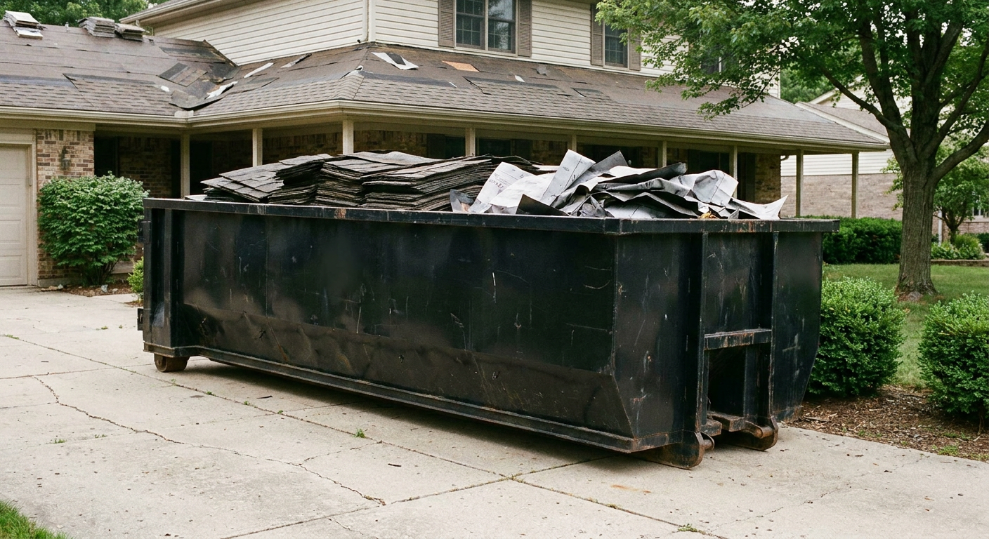 Matte-black 30-yard roofing roll-off dumpster sitting directly on a Laguna Niguel concrete driveway, taller ribbed steel side panels, mixed tear-off debris of asphalt shingles and underlayment inside, professional documentary daylight.