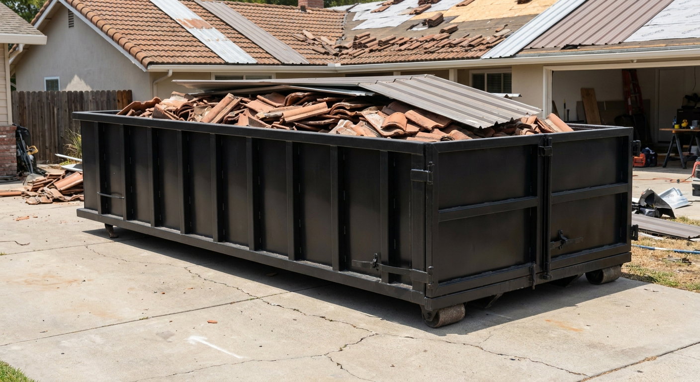 Matte-black low-wall heavy-debris roofing roll-off dumpster sitting directly on a Laguna Niguel concrete driveway, broken concrete clay roof tiles and metal panel sections loaded inside, reinforced ribbed steel side walls visible, bright outdoor daylight.