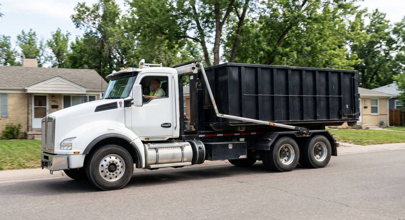 A wide documentary shot of a matte-black roll-off delivery truck pulling onto a quiet Laguna Niguel residential street at mid-morning, with neighborhood rooftops and tree-lined blocks visible behind, showing the metro coverage footprint.