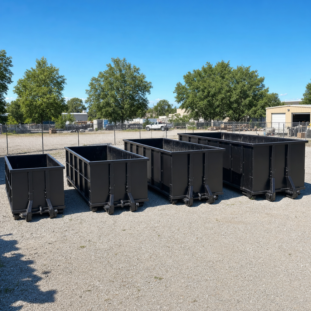 A clean lineup of matte-black roll-off dumpsters in 10, 20, 30, and 40-yard sizes staged on a sunlit gravel yard in Laguna Niguel, showing the size progression from compact to commercial-scale containers.