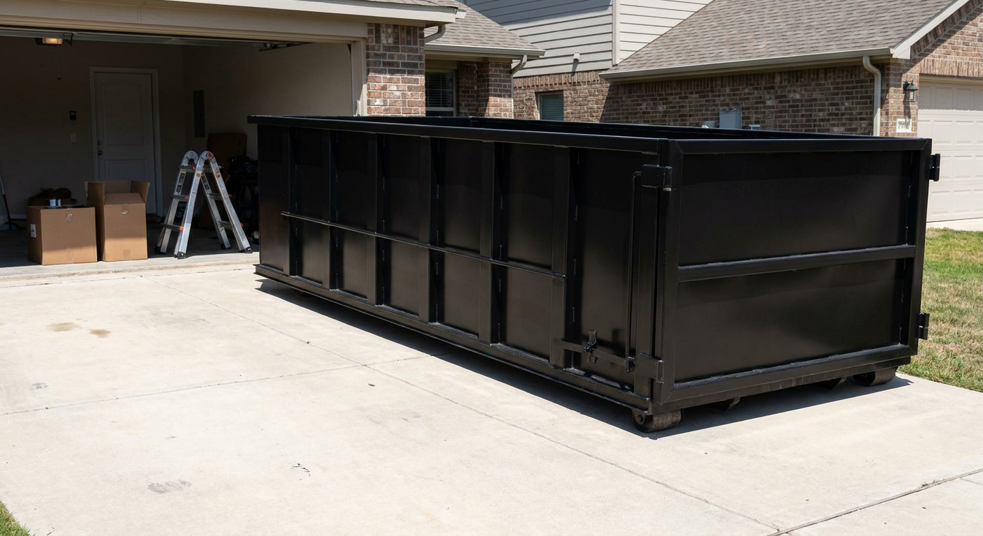 A matte-black 10-yard roll-off dumpster sitting directly on a residential Laguna Niguel concrete driveway, mid-day sunlight, clean and ready for a garage cleanout.