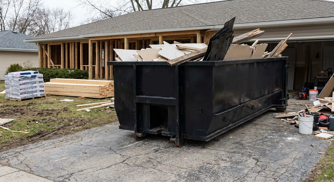 A matte-black 20-yard roll-off dumpster placed alongside a mid-renovation Laguna Niguel home directly on the asphalt driveway, with framing materials and torn-off shingles staged neatly nearby.