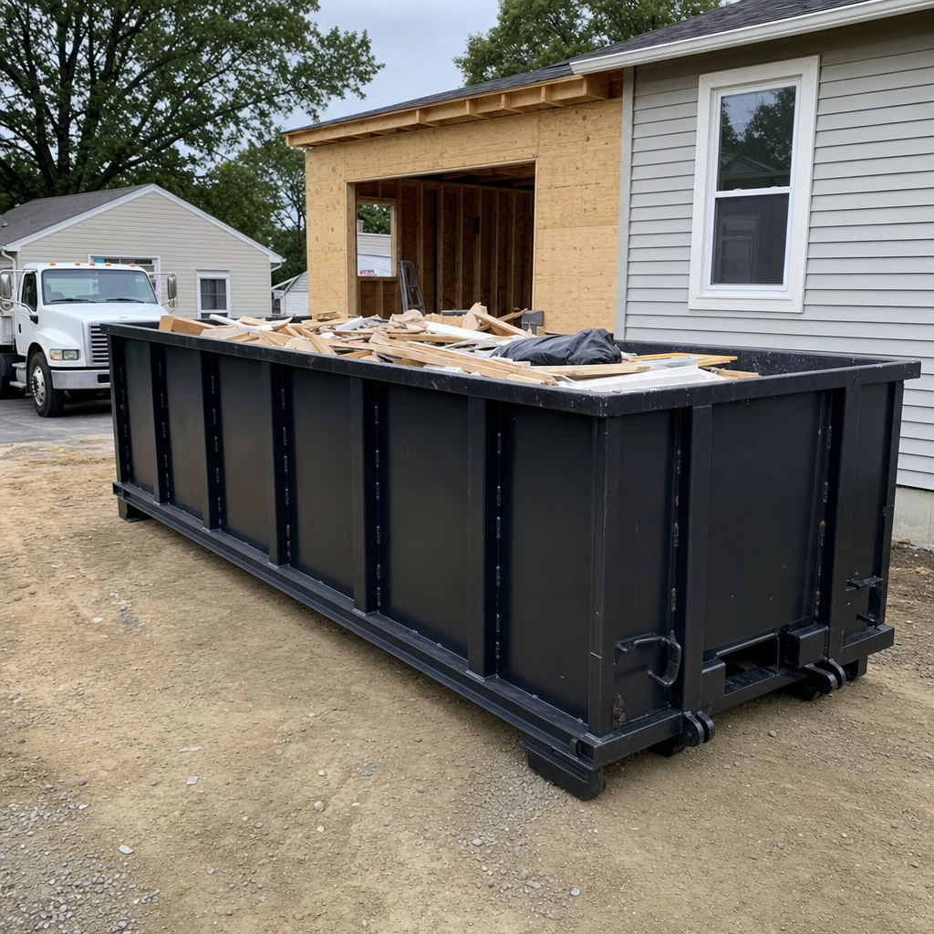 A matte-black 30-yard roll-off dumpster positioned at a Laguna Niguel residential addition jobsite, with framing lumber and drywall scraps loaded through the open swinging rear doors.