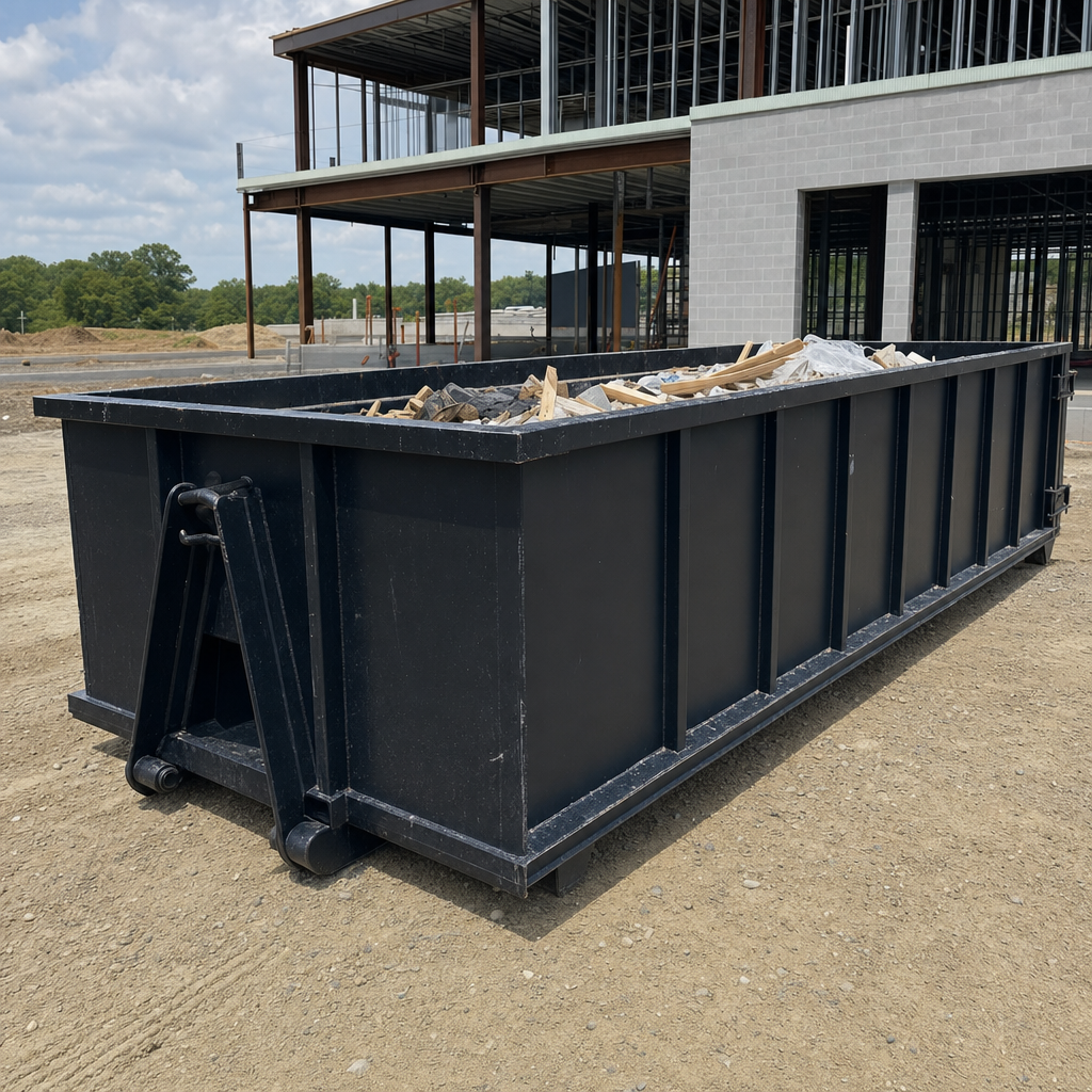 A matte-black 40-yard roll-off dumpster staged on a large Laguna Niguel commercial construction lot, with a hooklift delivery truck parked alongside under bright midday sky.
