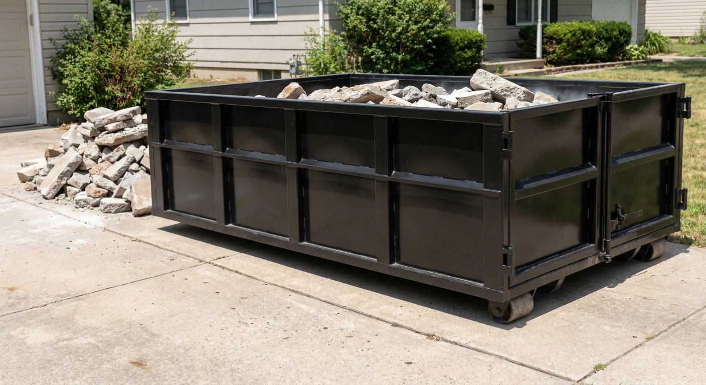 A matte-black low-side heavy-debris roll-off dumpster placed directly on a Laguna Niguel concrete driveway, with broken concrete chunks neatly stacked beside it under clean daylight.